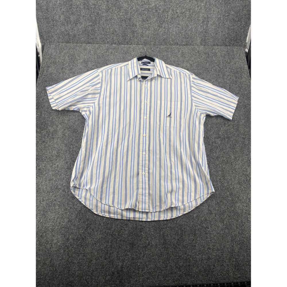 Nautica Stripe Button Down Shirt Mens Large Blue White Cotton Short Sleeve